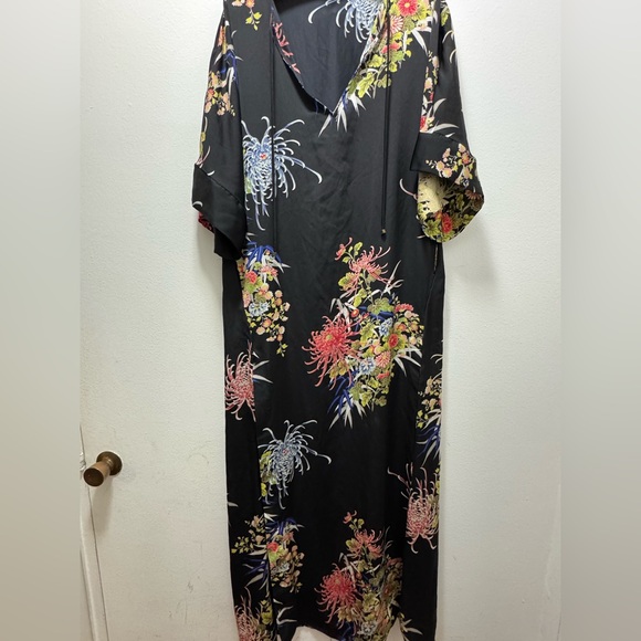 Zara Black Floral V-Neck Kaftan Maxi Dress Small - Picture 7 of 10